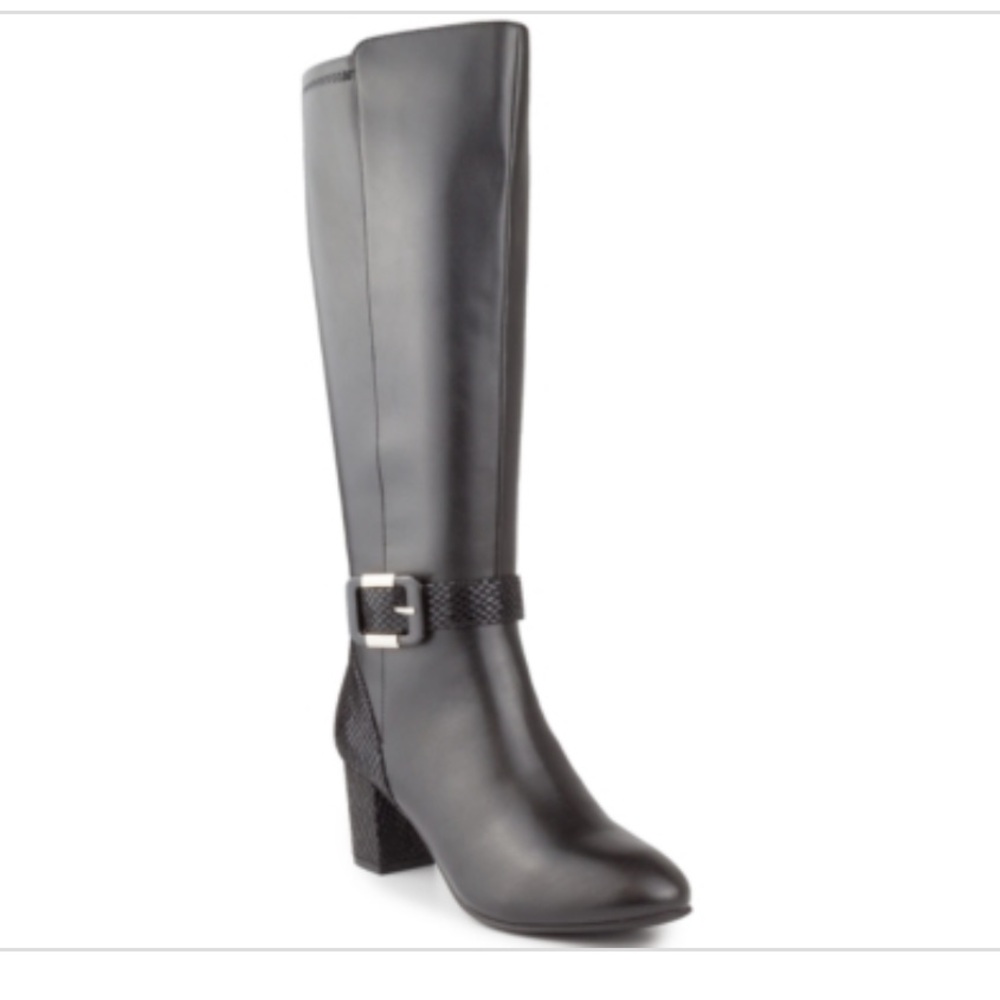 Isabell Pull On Wide Calf Black Knee High Boots w/ Buckle Accent Size 5.5 NIB